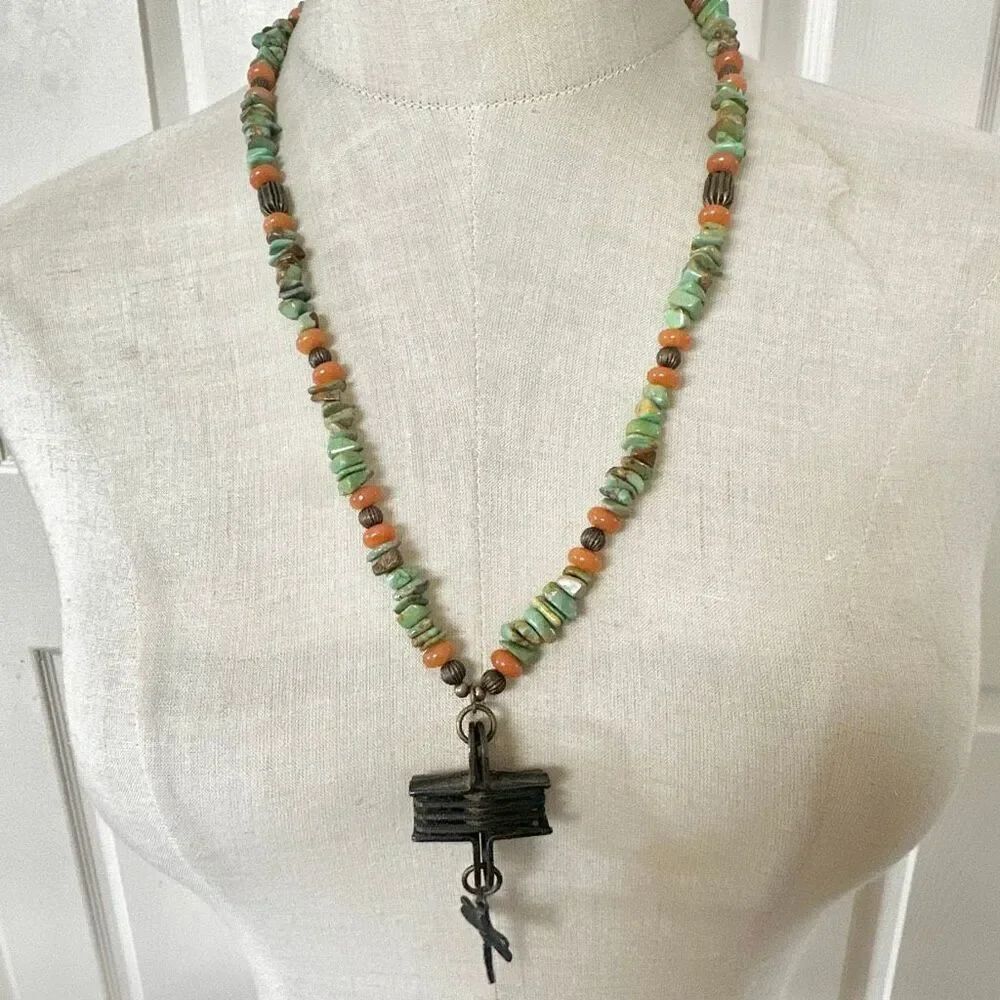 Stabilized Turquoise & Carnelian Beaded Necklace with Industrial Cross & Dragonf